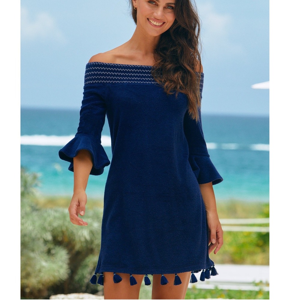 Cabana Life Essentials Navy Terry Off the Shoulder Dress‎ Tulip Sleeve S Boho